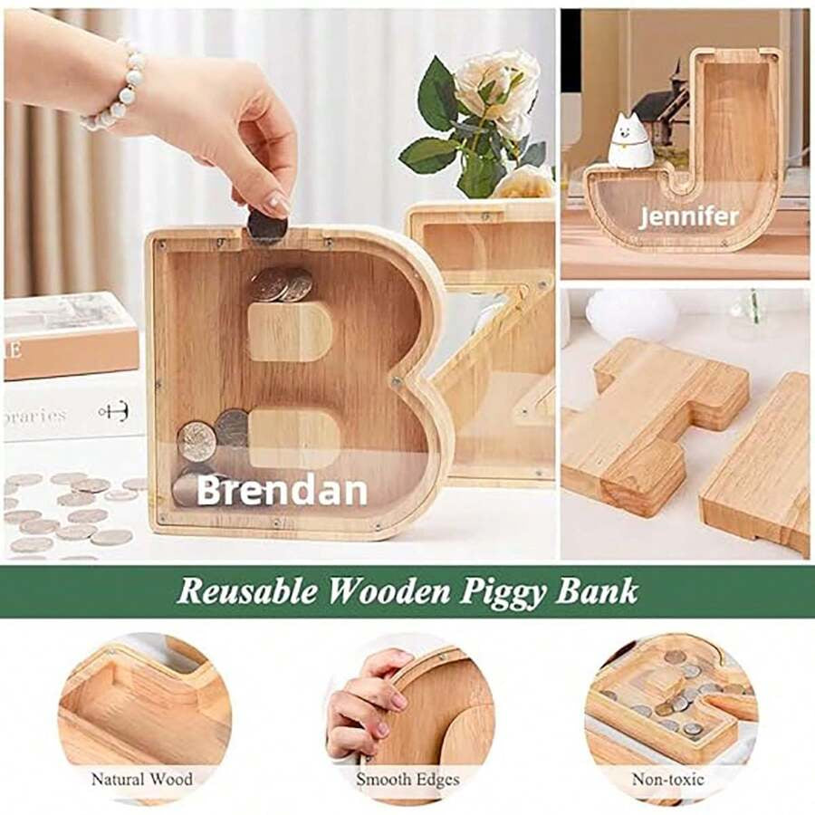 Large Size 26 Alphabet Wooden Piggy Bank - Durable Coin Savings Box, Personalized A-Z Letter Piggy Bank, Transparent Coin Storage Box, Decoration, Birthday, Children's Savings, Alphabet Savings,Christmas, Thanksgiving, New Year, Children's Birthday Gift