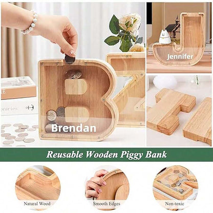 Large Size 26 Alphabet Wooden Piggy Bank - Durable Coin Savings Box, Personalized A-Z Letter Piggy Bank, Transparent Coin Storage Box, Decoration, Birthday, Children's Savings, Alphabet Savings,Christmas, Thanksgiving, New Year, Children's Birthday Gift