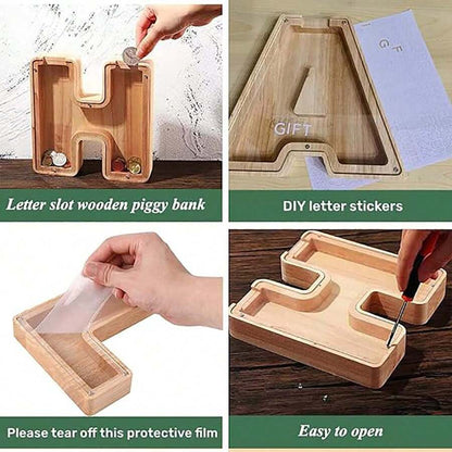 Large Size 26 Alphabet Wooden Piggy Bank - Durable Coin Savings Box, Personalized A-Z Letter Piggy Bank, Transparent Coin Storage Box, Decoration, Birthday, Children's Savings, Alphabet Savings,Christmas, Thanksgiving, New Year, Children's Birthday Gift