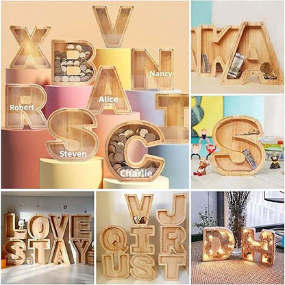 Large Size 26 Alphabet Wooden Piggy Bank - Durable Coin Savings Box, Personalized A-Z Letter Piggy Bank, Transparent Coin Storage Box, Decoration, Birthday, Children's Savings, Alphabet Savings,Christmas, Thanksgiving, New Year, Children's Birthday Gift