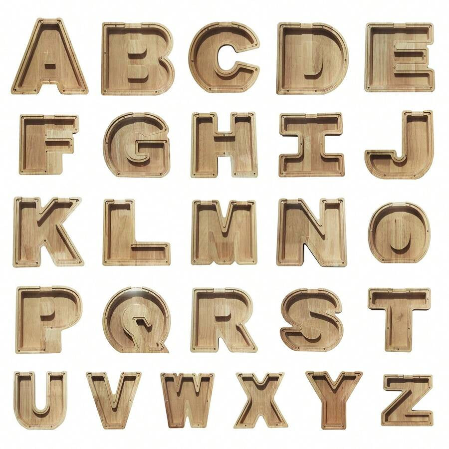 Large Size 26 Alphabet Wooden Piggy Bank - Durable Coin Savings Box, Personalized A-Z Letter Piggy Bank, Transparent Coin Storage Box, Decoration, Birthday, Children's Savings, Alphabet Savings,Christmas, Thanksgiving, New Year, Children's Birthday Gift